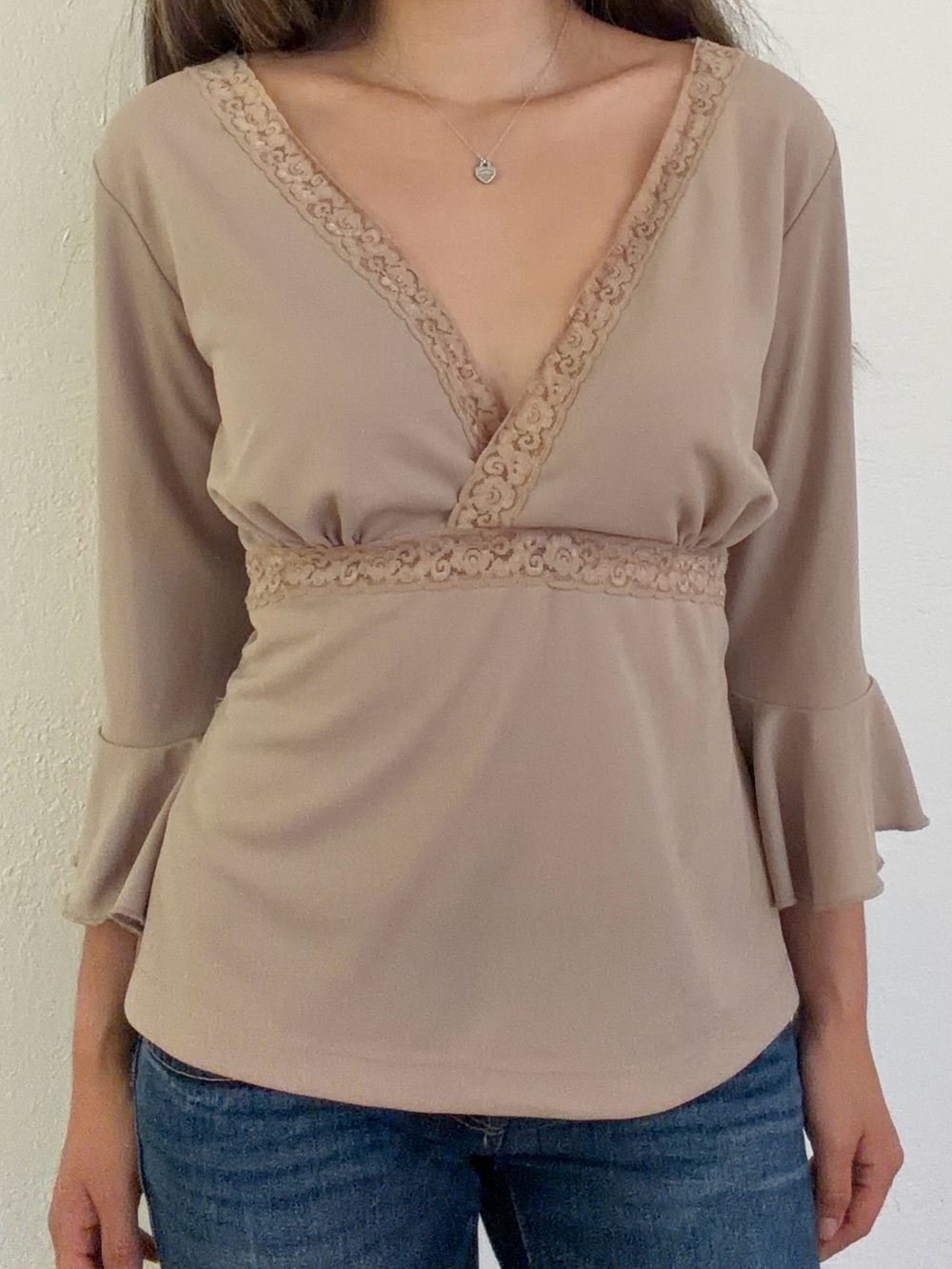 Vintage y2k taupe lace trim wrap top